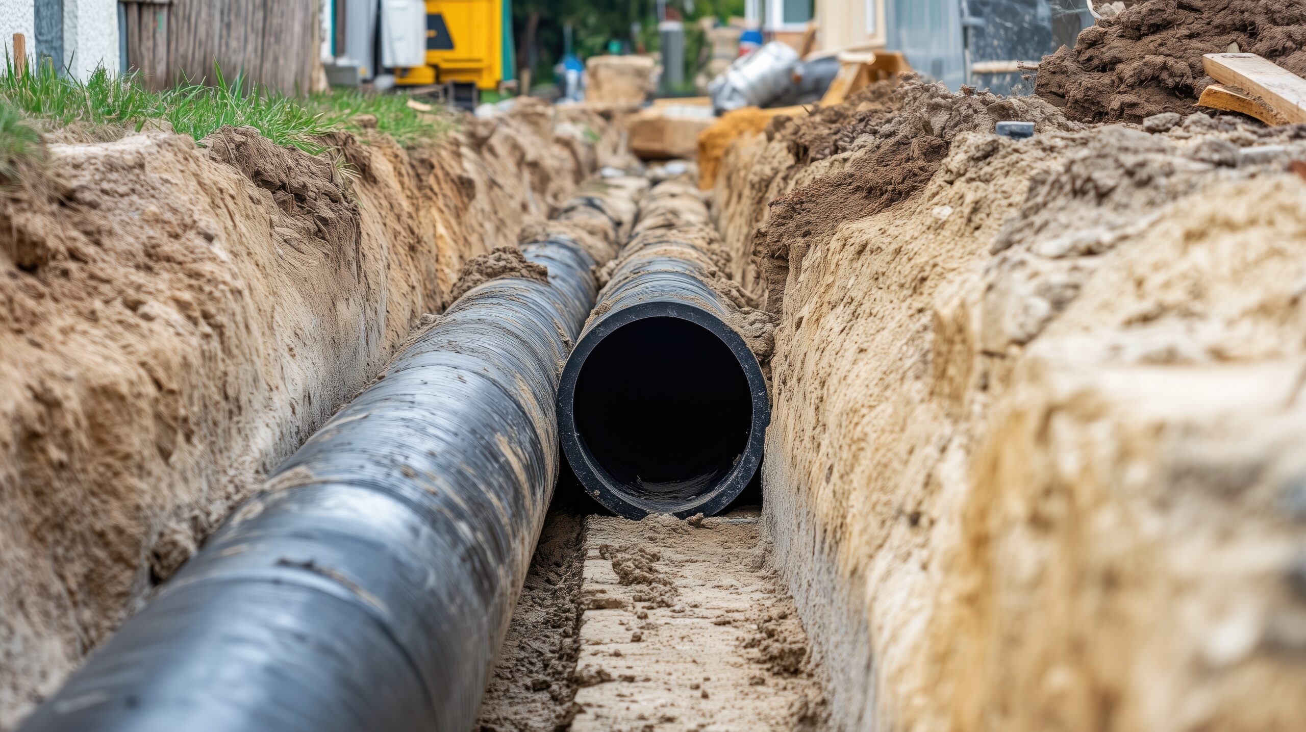 A hole has been dug, and underground pipes are being laid inside. This is the underground network installation.