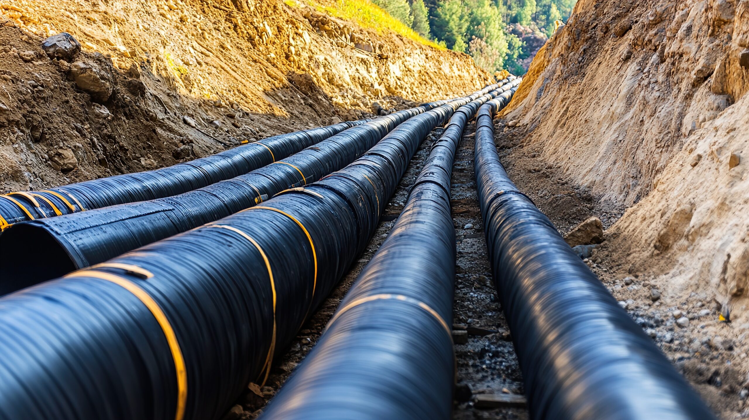A hole has been dug in the ground, with networked pipes inside.